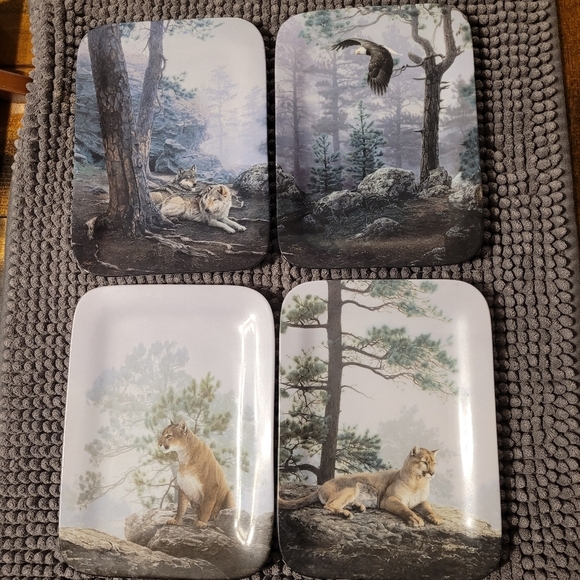 Nature's Harmony four piece decorative collectable plate set - wolf eagle cougar